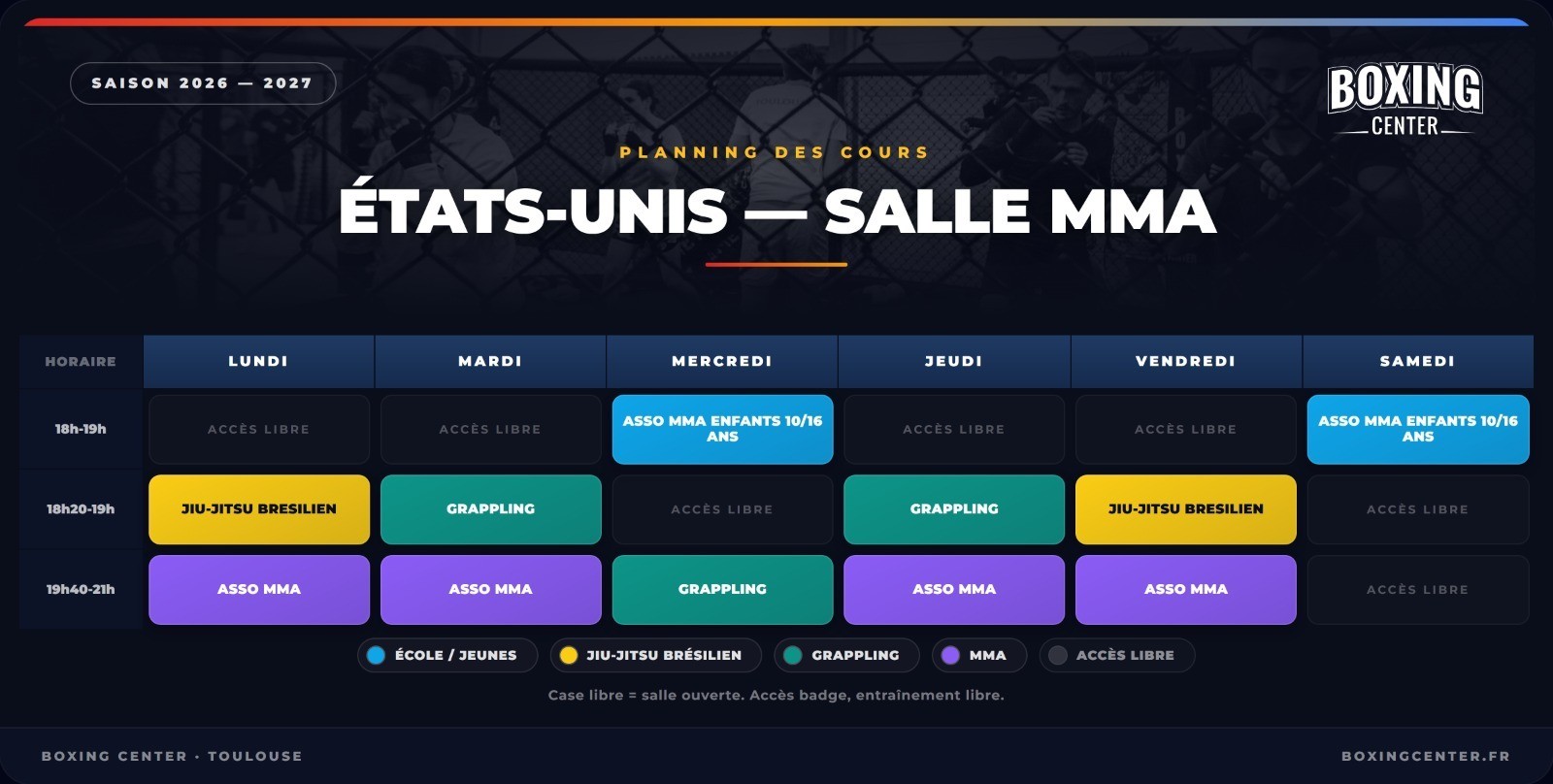 Planning 2026-2027 de la salle MMA : Asso MMA, grappling, jiu-jitsu brésilien et MMA enfants 10/16 ans, du lundi au samedi