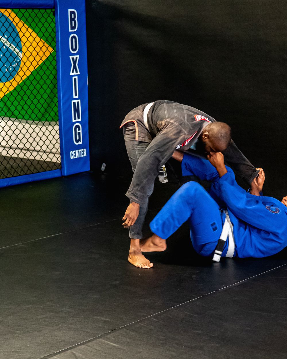 Grappling en kimono au sol, drapeau du Brésil et protections de la cage