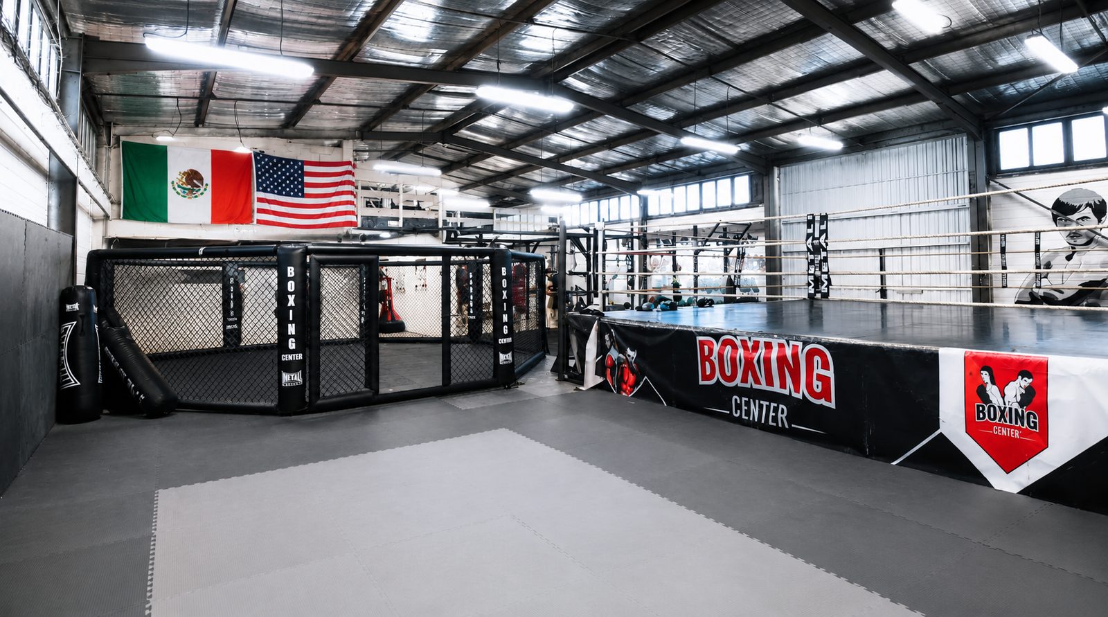 Cage MMA et ring de compétition dans la salle