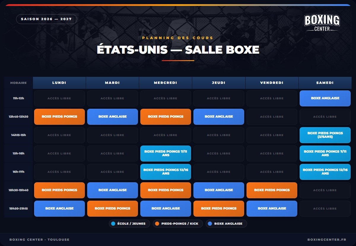 Planning 2026-2027 de la salle Boxe : boxe anglaise, boxe pieds-poings, kick et cours enfants, du lundi au samedi